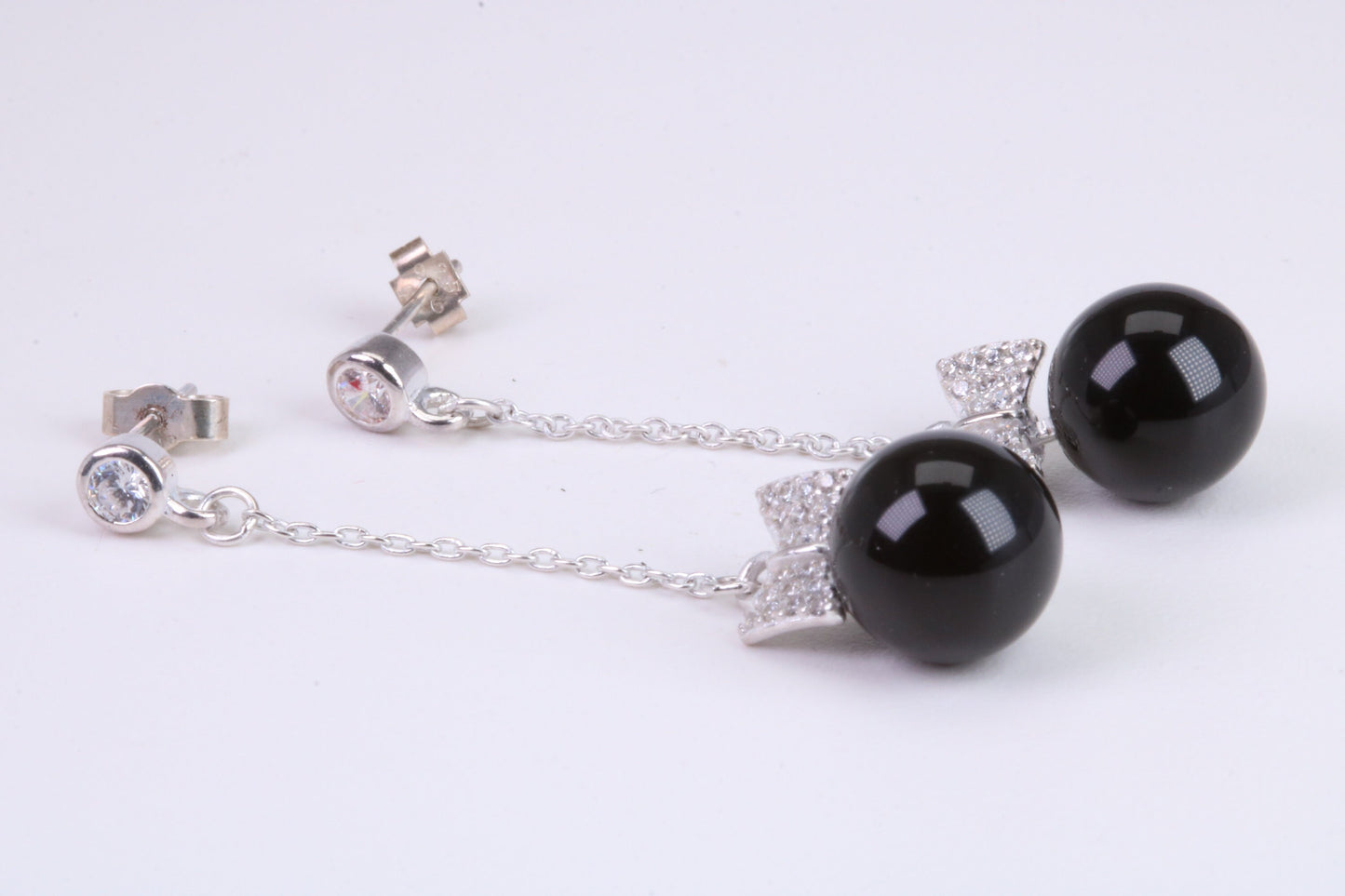 45 mm Long Natural Onyx and Cubic Zirconia set Dropper Earrings, set in Solid Silver