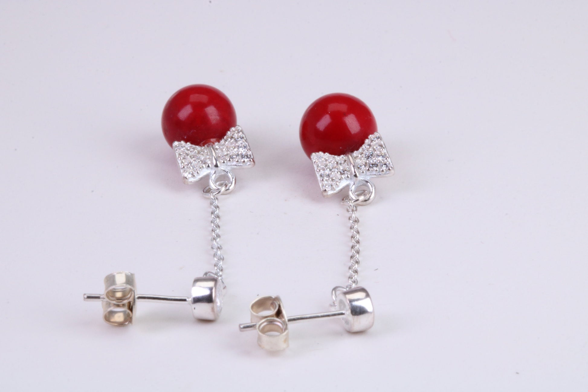 45 mm Long Natural Red Coral and Cubic Zirconia set Dropper Earrings, set in Solid Silver