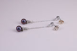 40 mm Long Natural Pearl and Cubic Zirconia set Dropper Earrings, set in Solid Silver