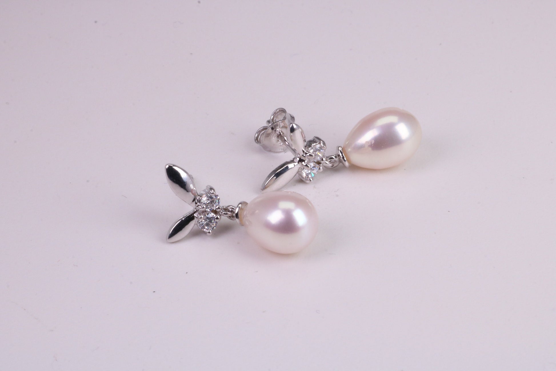 26 mm Long Natural Pearl and Cubic Zirconia set Dropper Earrings, set in Solid Silver