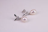 26 mm Long Natural Pearl and Cubic Zirconia set Dropper Earrings, set in Solid Silver