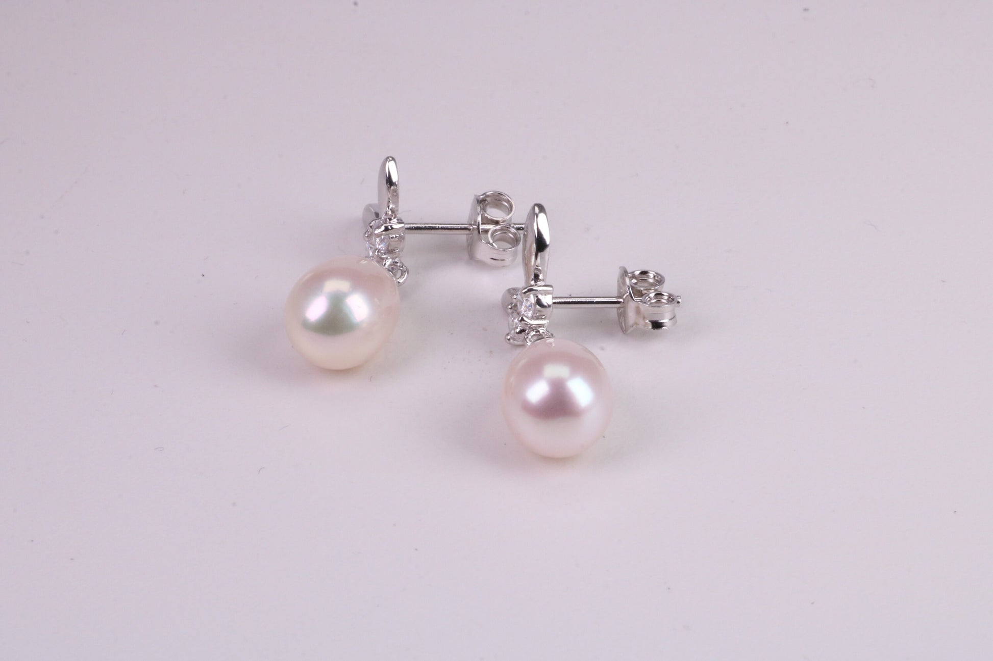 26 mm Long Natural Pearl and Cubic Zirconia set Dropper Earrings, set in Solid Silver