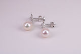 26 mm Long Natural Pearl and Cubic Zirconia set Dropper Earrings, set in Solid Silver