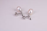 26 mm Long Natural Pearl and Cubic Zirconia set Dropper Earrings, set in Solid Silver