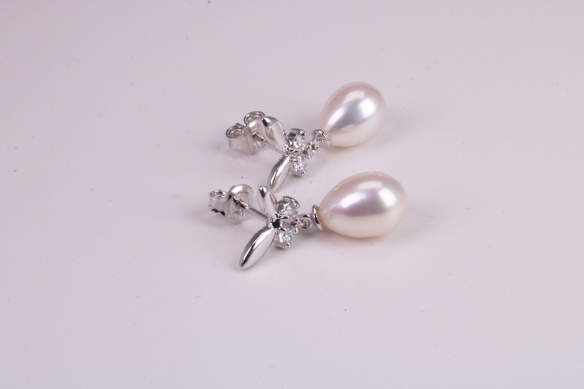 26 mm Long Natural Pearl and Cubic Zirconia set Dropper Earrings, set in Solid Silver