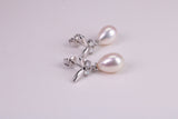 26 mm Long Natural Pearl and Cubic Zirconia set Dropper Earrings, set in Solid Silver