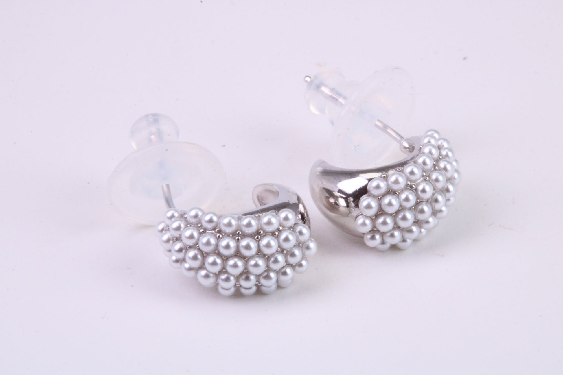 Natural Pearl set Half Hoop Stud Earrings, set in Solid Silver