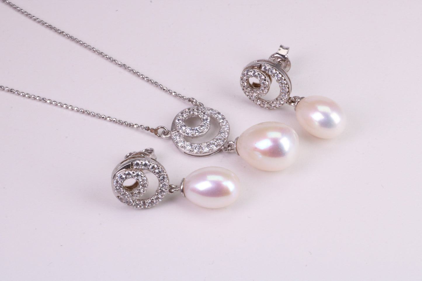 Natural Pearl and Cubic Zirconia set Necklace and Matching Earrings, set in Solid Silver, Length Adjustable Chain
