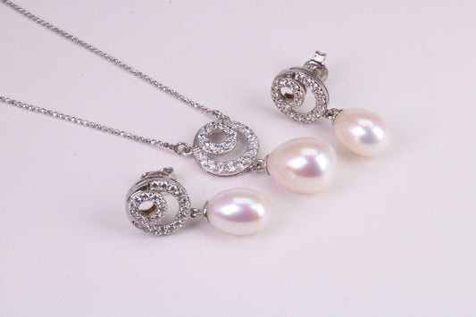 Natural Pearl and Cubic Zirconia set Necklace and Matching Earrings, set in Solid Silver, Length Adjustable Chain