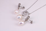 Natural Pearl and Cubic Zirconia set Necklace and Matching Earrings, set in Solid Silver, Length Adjustable Chain