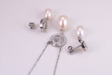 Natural Pearl and Cubic Zirconia set Necklace and Matching Earrings, set in Solid Silver, Length Adjustable Chain