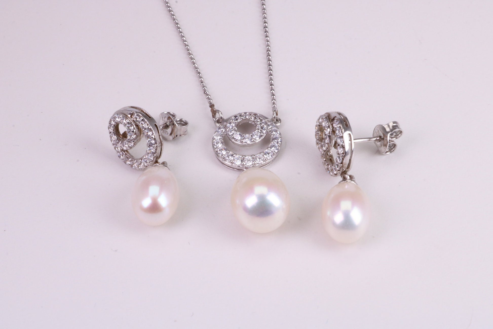 Natural Pearl and Cubic Zirconia set Necklace and Matching Earrings, set in Solid Silver, Length Adjustable Chain
