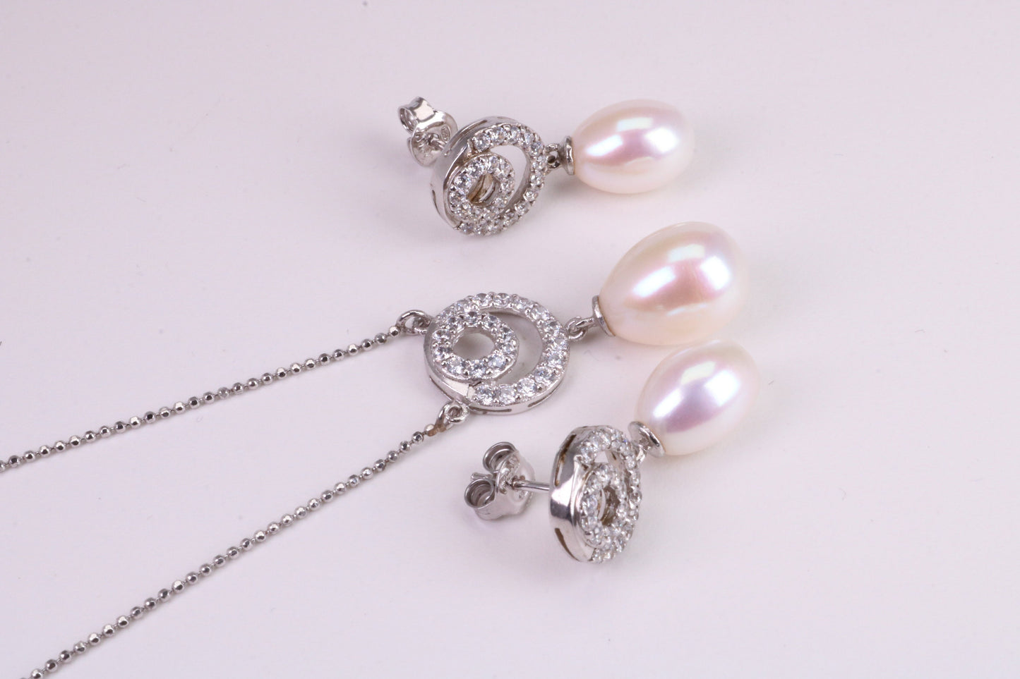 Natural Pearl and Cubic Zirconia set Necklace and Matching Earrings, set in Solid Silver, Length Adjustable Chain