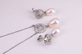 Natural Pearl and Cubic Zirconia set Necklace and Matching Earrings, set in Solid Silver, Length Adjustable Chain