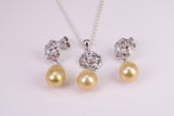 Natural Pearl and Cubic Zirconia set Necklace and Matching Earrings, set in Solid Silver