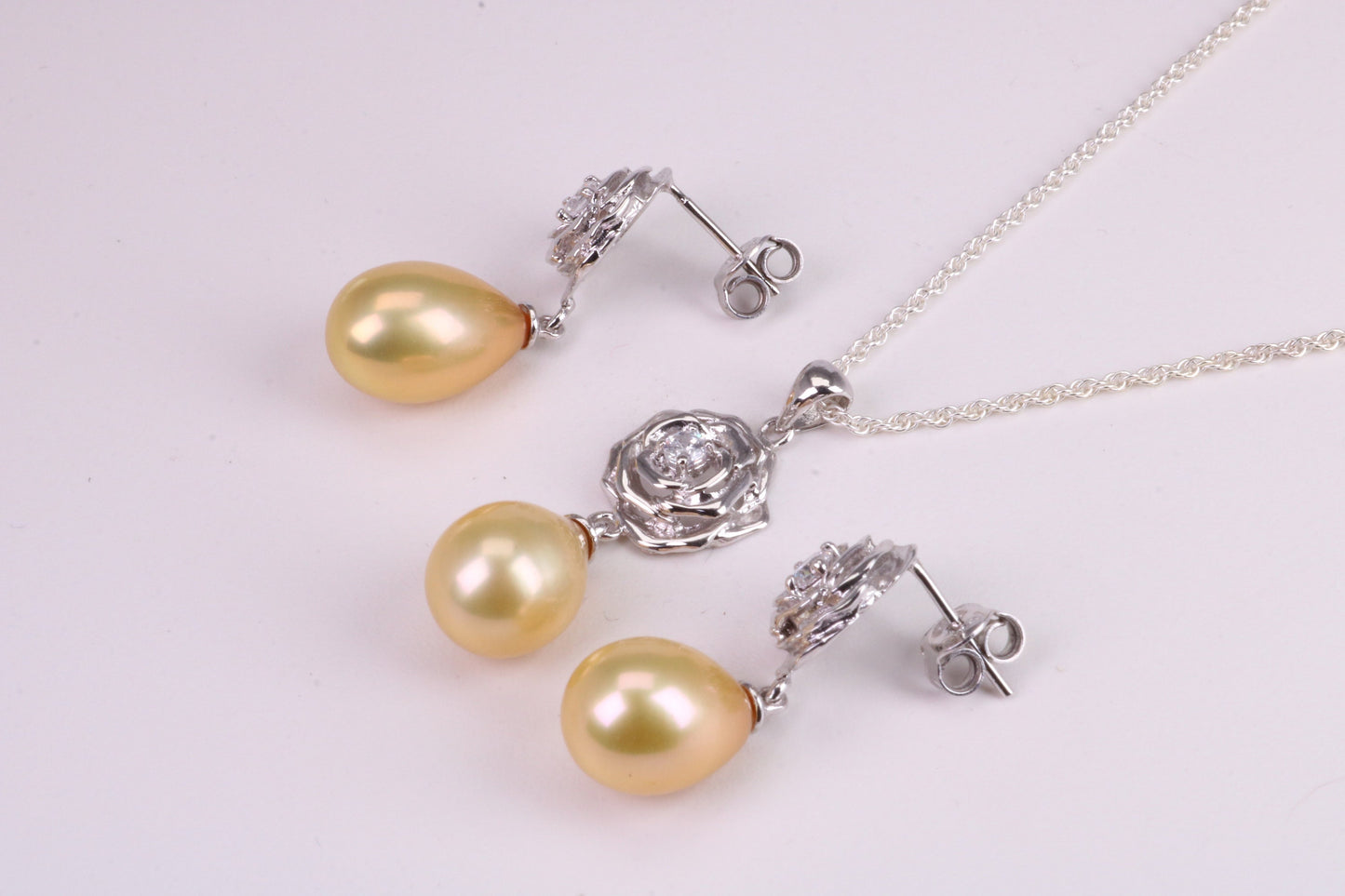 Natural Pearl and Cubic Zirconia set Necklace and Matching Earrings, set in Solid Silver