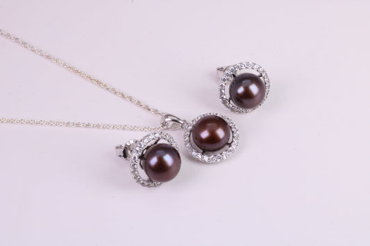 Natural Black Coloured Pearl and Cubic Zirconia set Necklace and Matching Earrings, set in Solid Silver