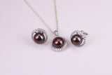 Natural Black Coloured Pearl and Cubic Zirconia set Necklace and Matching Earrings, set in Solid Silver