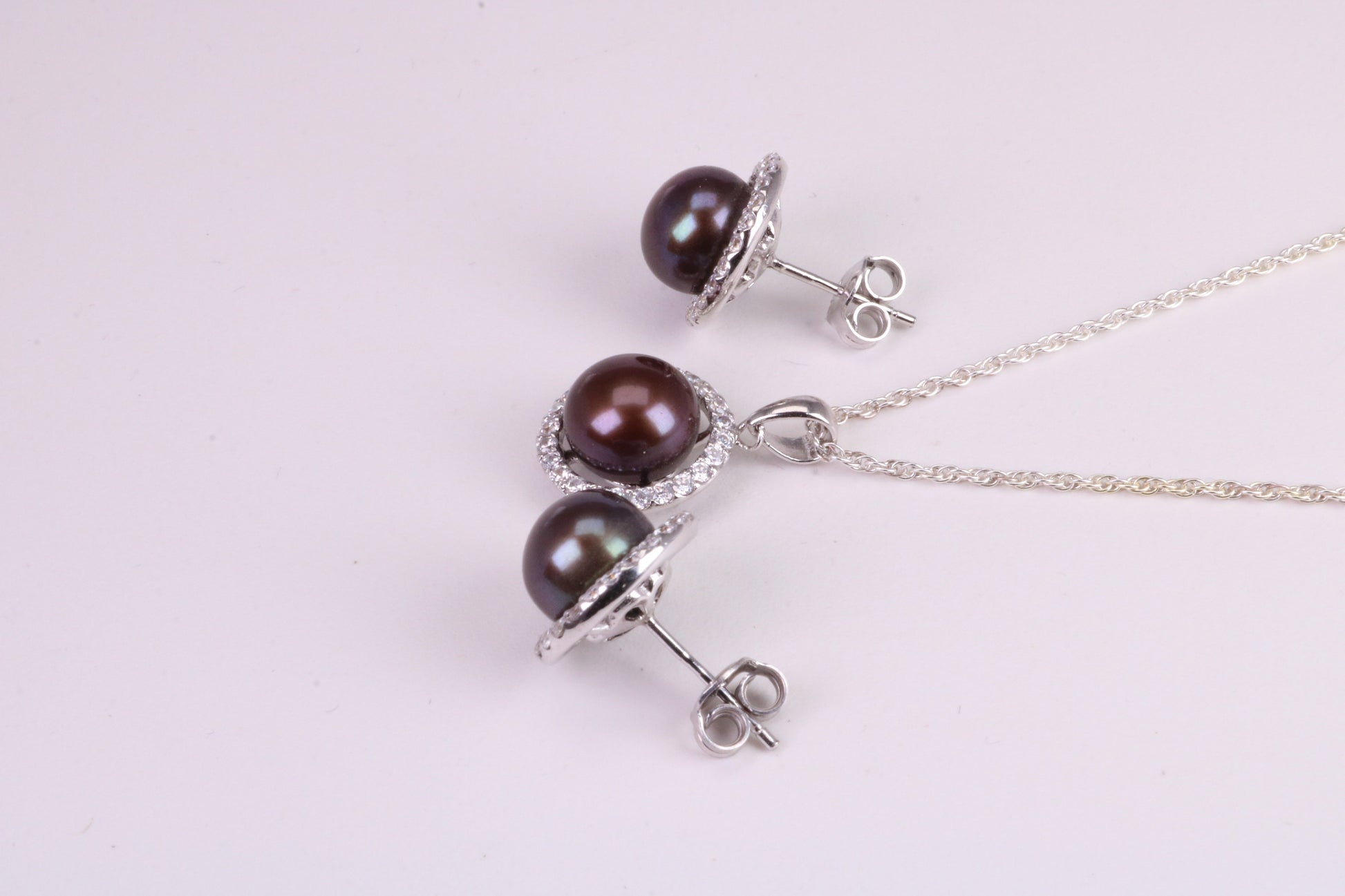 Natural Black Coloured Pearl and Cubic Zirconia set Necklace and Matching Earrings, set in Solid Silver