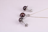 Natural Black Coloured Pearl and Cubic Zirconia set Necklace and Matching Earrings, set in Solid Silver