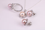 Natural Pearl and Cubic Zirconia set Necklace, Ring and Matching Earrings, set in Solid Silver