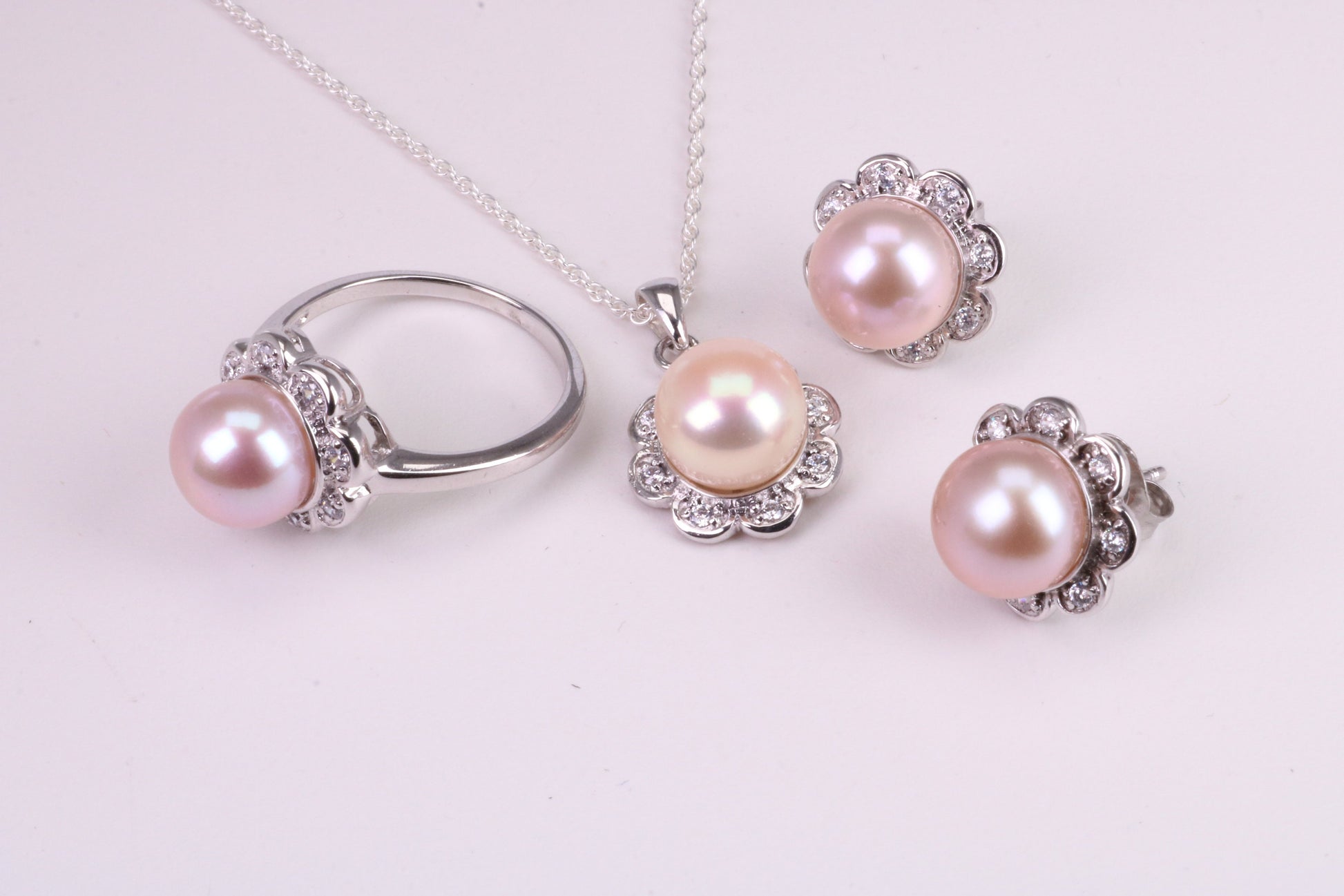 Natural Pearl and Cubic Zirconia set Necklace, Ring and Matching Earrings, set in Solid Silver