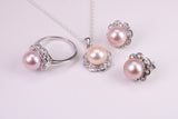 Natural Pearl and Cubic Zirconia set Necklace, Ring and Matching Earrings, set in Solid Silver