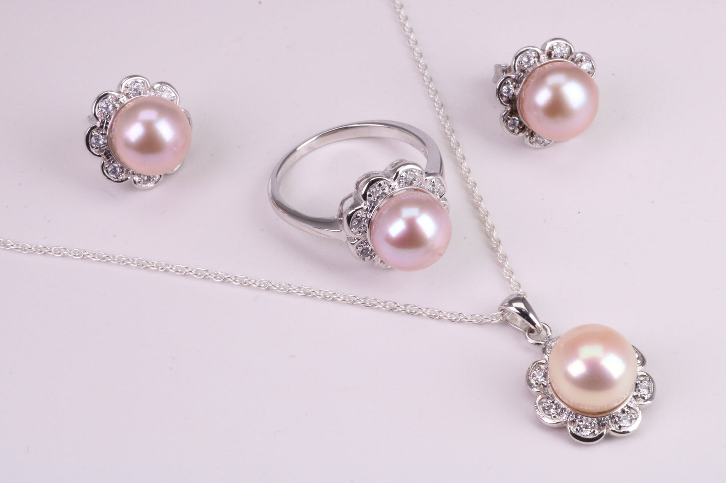 Natural Pearl and Cubic Zirconia set Necklace, Ring and Matching Earrings, set in Solid Silver