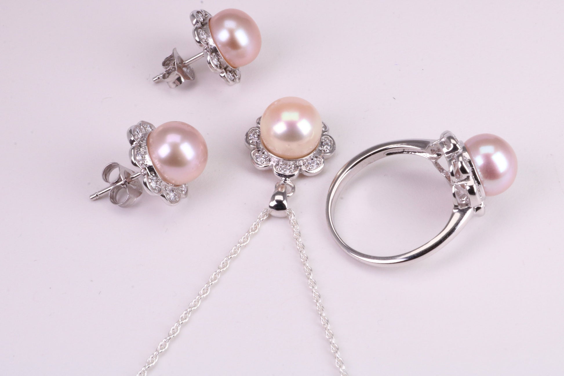 Natural Pearl and Cubic Zirconia set Necklace, Ring and Matching Earrings, set in Solid Silver