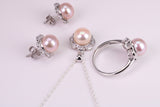 Natural Pearl and Cubic Zirconia set Necklace, Ring and Matching Earrings, set in Solid Silver