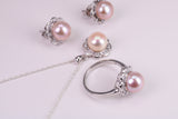 Natural Pearl and Cubic Zirconia set Necklace, Ring and Matching Earrings, set in Solid Silver