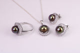Natural Pearl and Cubic Zirconia set Necklace, Ring and Matching Earrings, set in Solid Silver