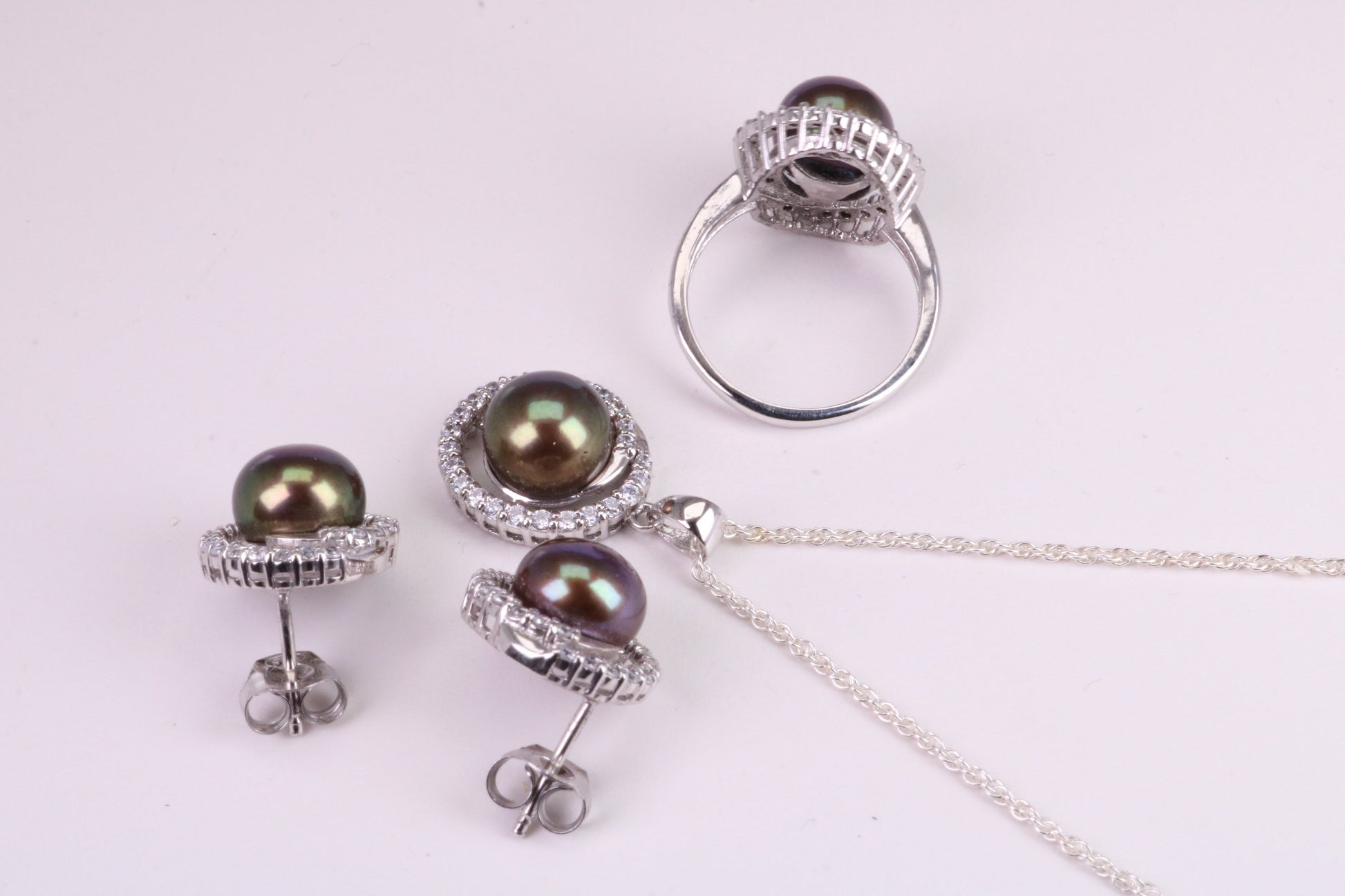 Natural Pearl and Cubic Zirconia set Necklace, Ring and Matching Earrings, set in Solid Silver