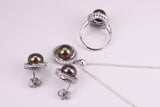 Natural Pearl and Cubic Zirconia set Necklace, Ring and Matching Earrings, set in Solid Silver