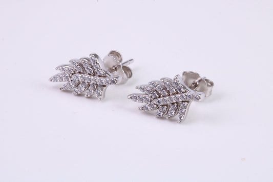 Leaf Design Stud Earrings, Very Dressy, Made from Solid 925 Grade Sterling Silver and Diamond White C Z