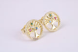 Tree of Life C Z set Stud Earrings, Made from Solid 925 Grade Sterling Silver and 18ct Yellow Gold Plated