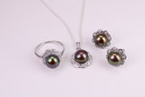 Natural Black Pearl and Cubic Zirconia set Necklace, Ring and Matching Earrings, set in Solid Silver