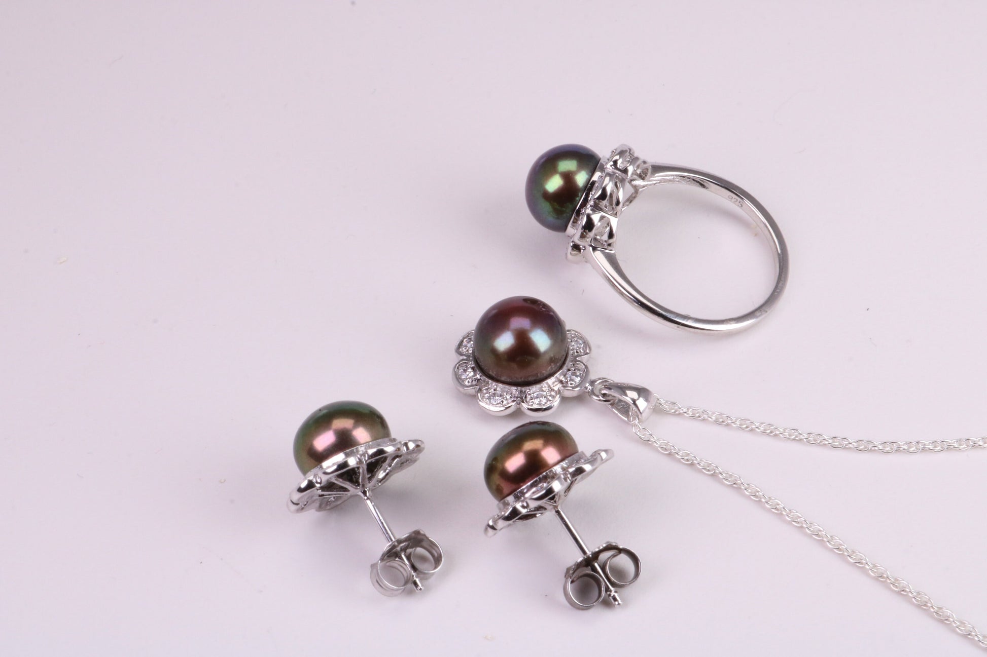 Natural Black Pearl and Cubic Zirconia set Necklace, Ring and Matching Earrings, set in Solid Silver