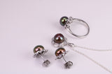 Natural Black Pearl and Cubic Zirconia set Necklace, Ring and Matching Earrings, set in Solid Silver