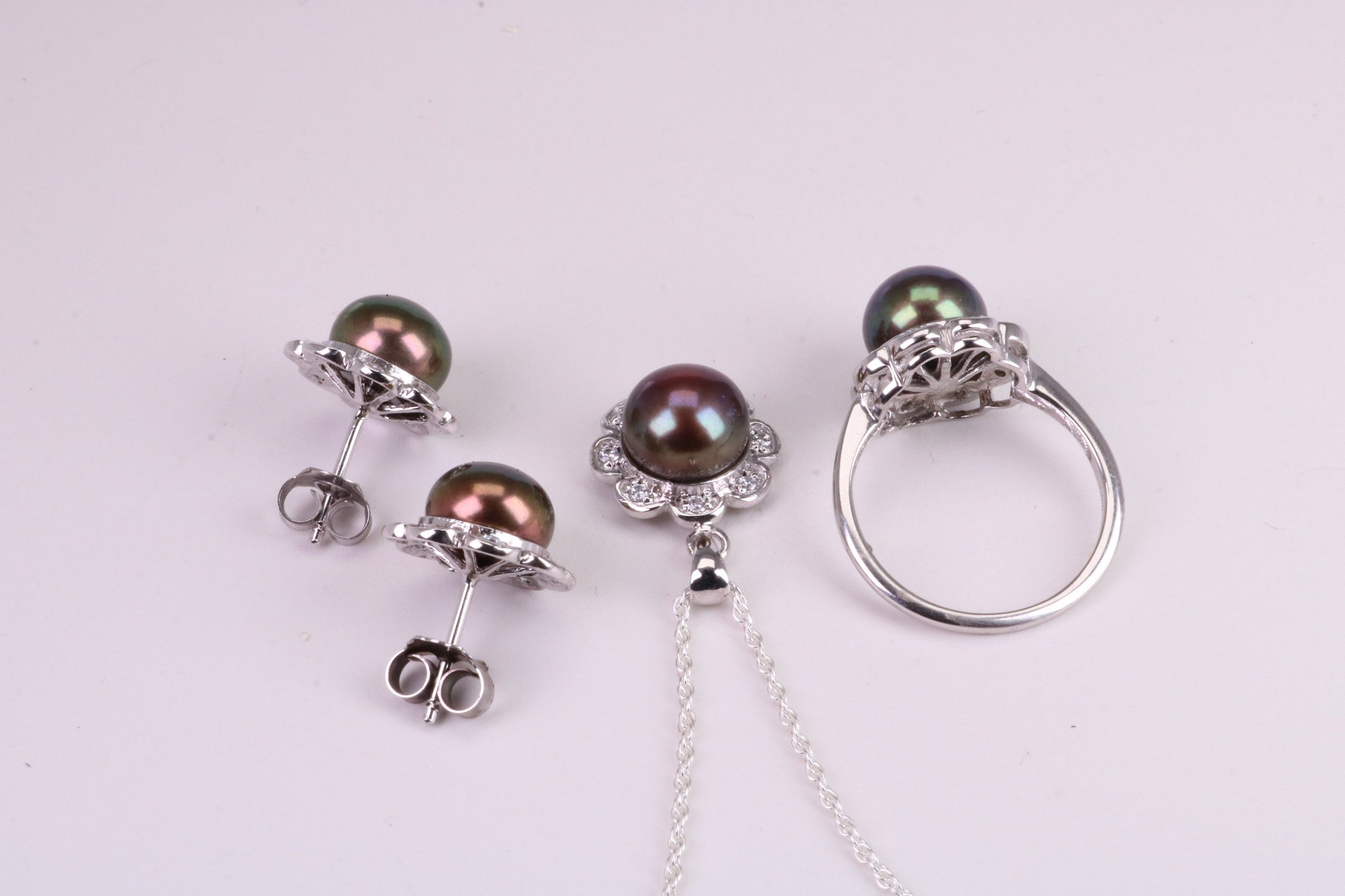 Natural Black Pearl and Cubic Zirconia set Necklace, Ring and Matching Earrings, set in Solid Silver
