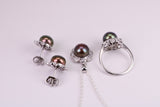 Natural Black Pearl and Cubic Zirconia set Necklace, Ring and Matching Earrings, set in Solid Silver