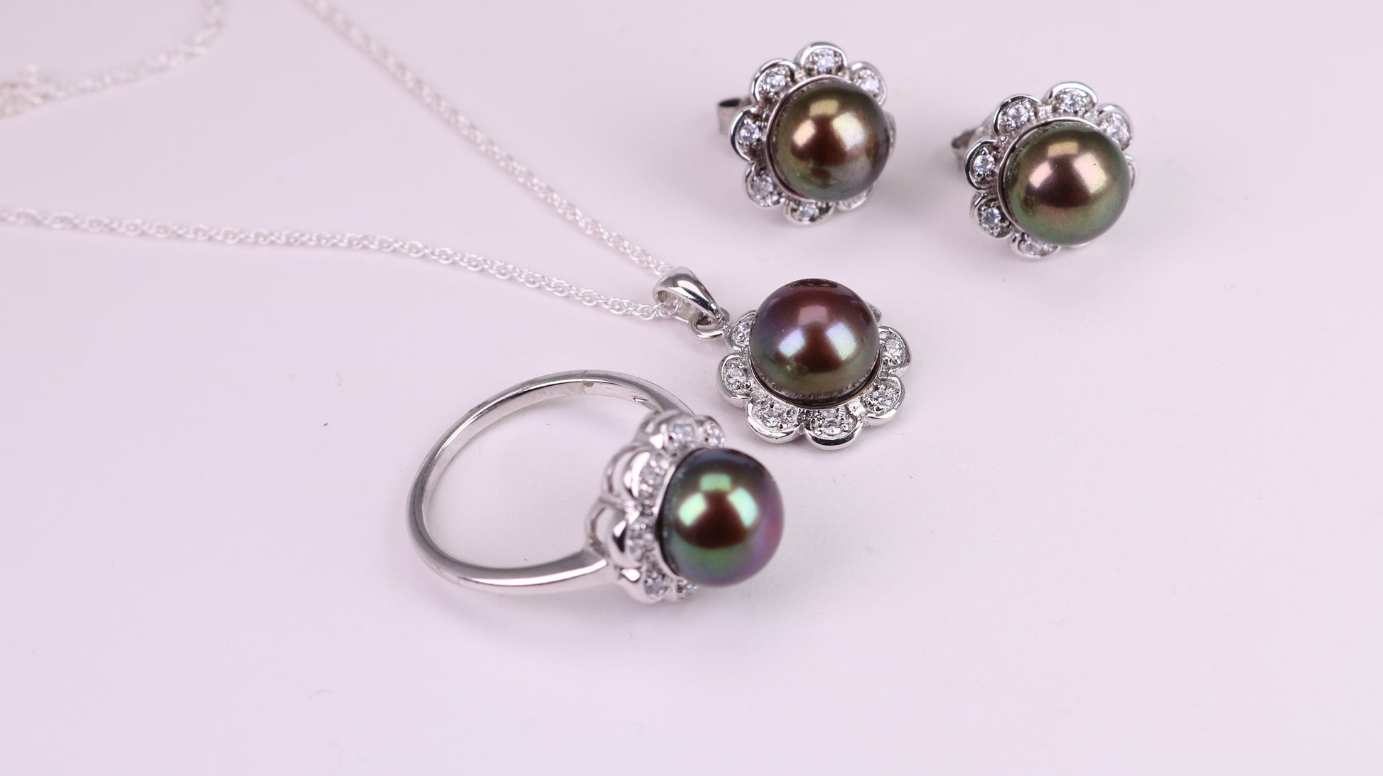 Natural Black Pearl and Cubic Zirconia set Necklace, Ring and Matching Earrings, set in Solid Silver