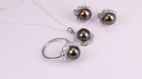Natural Black Pearl and Cubic Zirconia set Necklace, Ring and Matching Earrings, set in Solid Silver