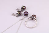 Natural Black Pearl and Cubic Zirconia set Necklace, Ring and Matching Earrings, set in Solid Silver