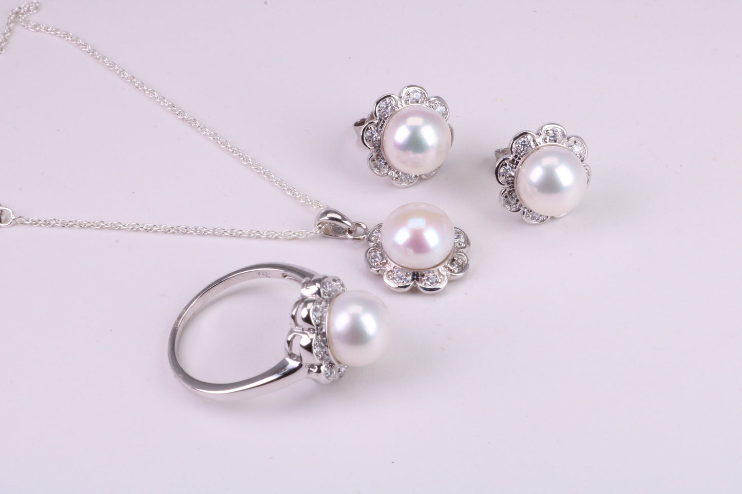 Natural Pearl and Cubic Zirconia set Necklace, Ring and Matching Earrings, set in Solid Silver