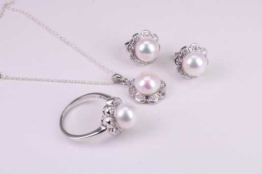 Natural Pearl and Cubic Zirconia set Necklace, Ring and Matching Earrings, set in Solid Silver