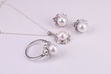 Natural Pearl and Cubic Zirconia set Necklace, Ring and Matching Earrings, set in Solid Silver