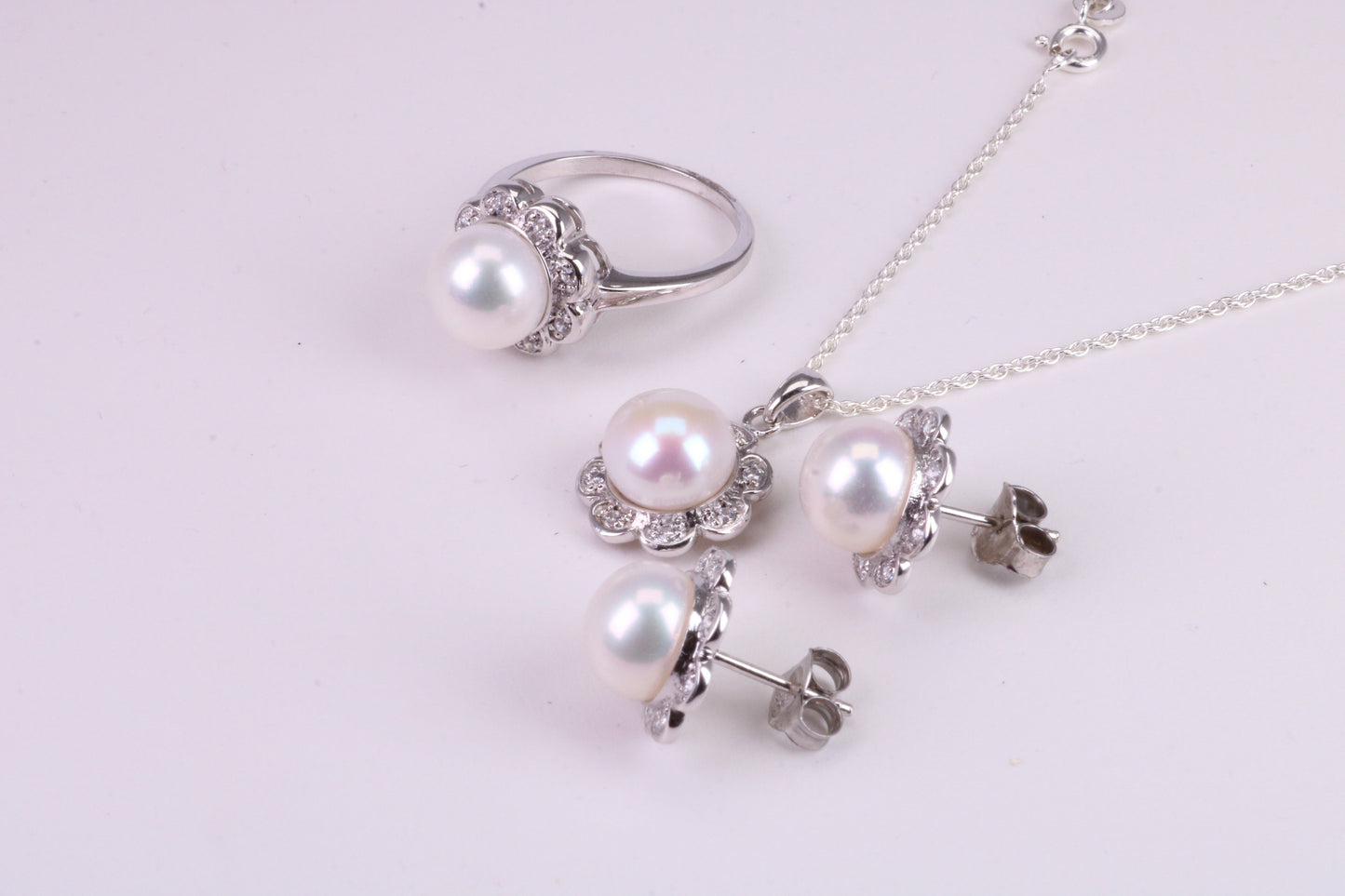 Natural Pearl and Cubic Zirconia set Necklace, Ring and Matching Earrings, set in Solid Silver