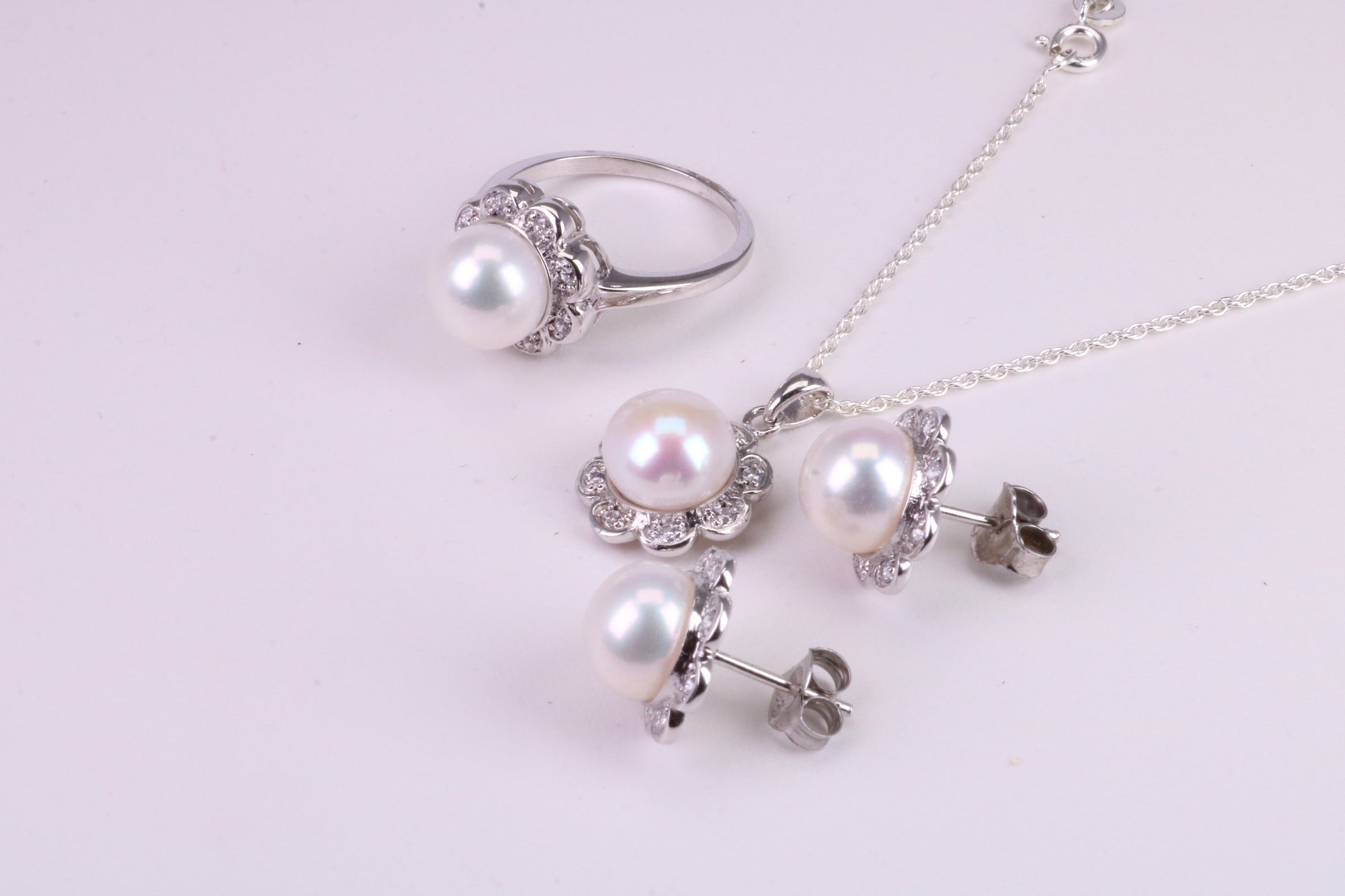 Natural Pearl and Cubic Zirconia set Necklace, Ring and Matching Earrings, set in Solid Silver