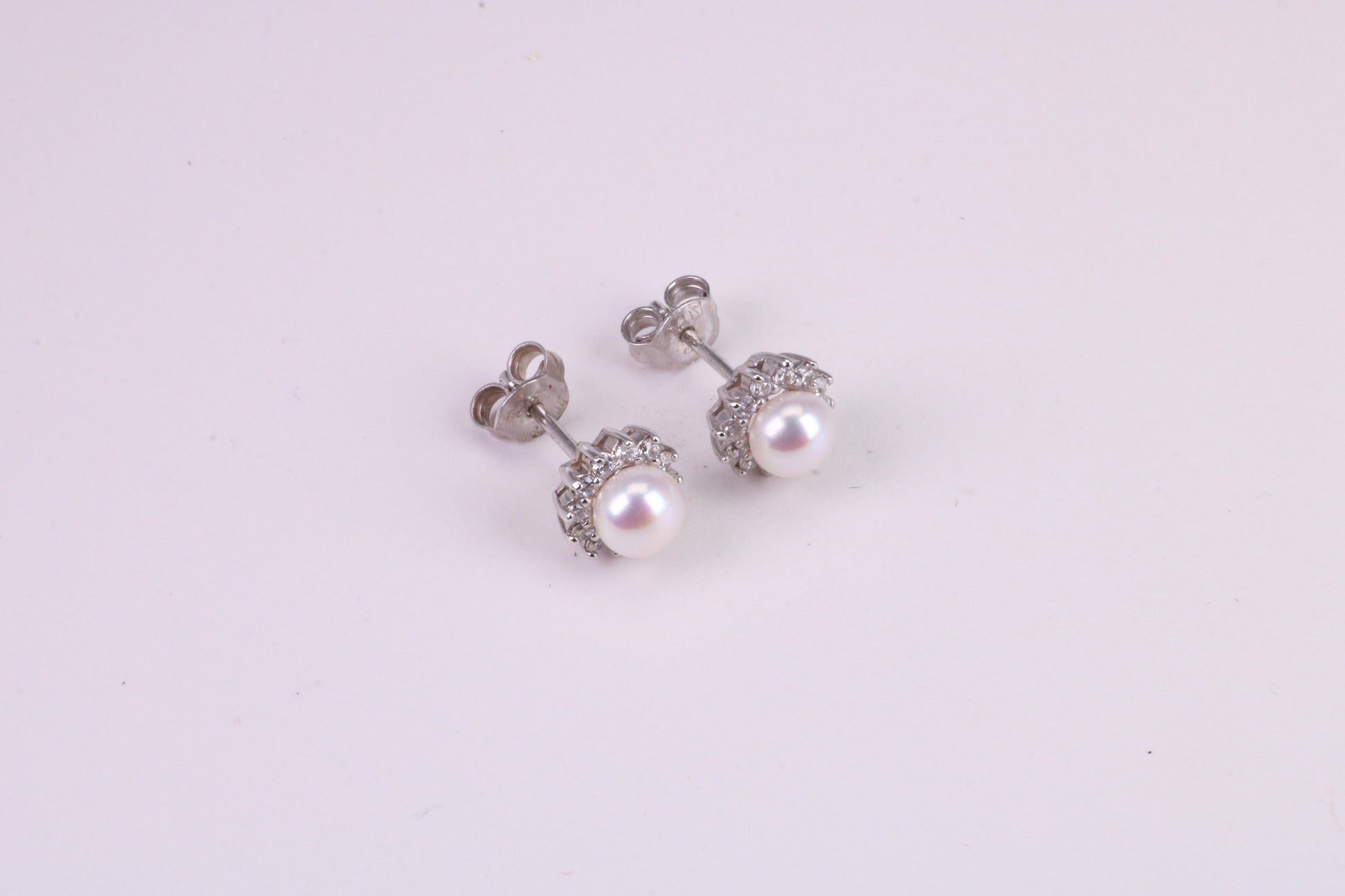 Dainty 8 mm Round Natural Pearl and Cubic Zirconia set Stud Earrings, set in Solid Silver